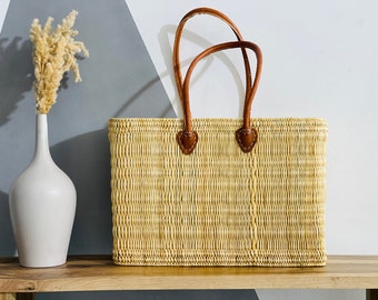 Moroccan Straw Basket With Leather Handle, Straw Beach Bag, Grocery Handbag, Shopping Basket