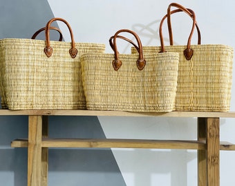 Moroccan Straw Basket With Leather Handle, Straw Beach Bag, Grocery Handbag, Shopping Basket