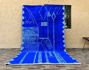 Alfombra marroquí azul, alfombra bereber abstracta, alfombra Beni Ourain, alfombras marroquíes personalizadas, alfombra de lana hecha a mano, alfombra azul sólida