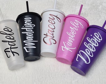 Personalised Iced Coffee Cup – custom name 24oz cold cup with lid & straw, perfect bridesmaid gift or party favour