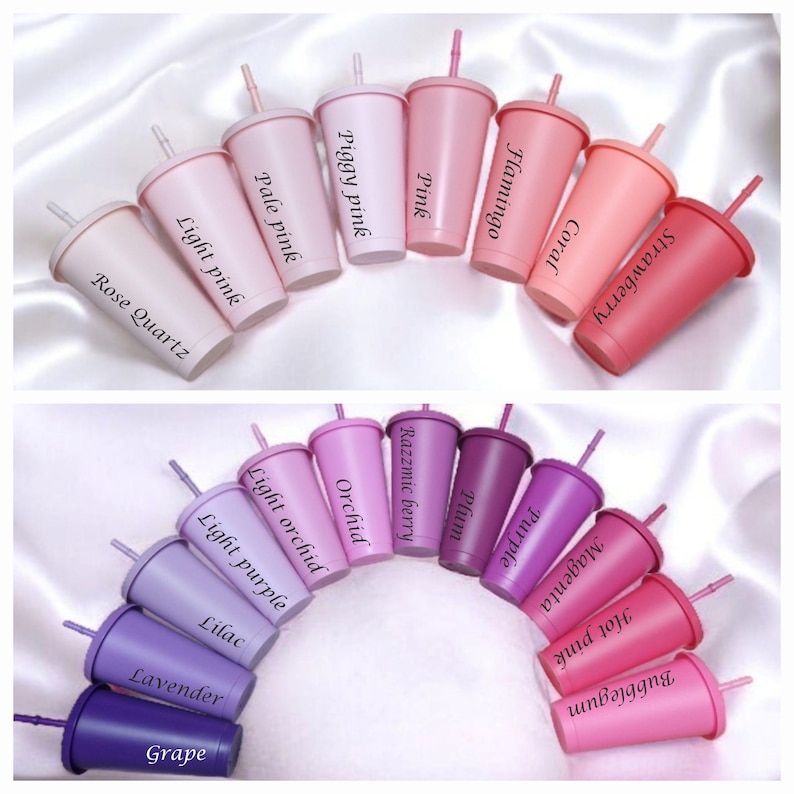 pink and purple personalised 24oz cold cups with holographic opal custom names, perfect for a gift, sleepover and party favours
