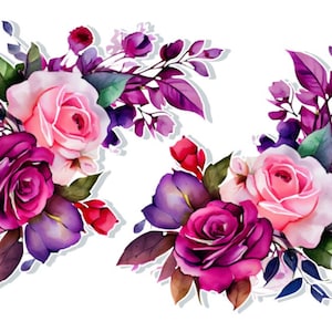 May include: Two watercolour floral arrangements featuring pink and purple roses with green leaves and purple accents.
