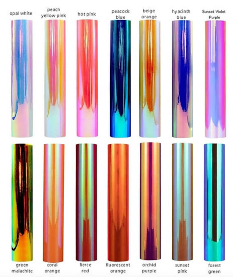 Puede incluir: Una colecci&oacute;n de rollos de vinilo iridiscente en varios colores, incluyendo blanco &oacute;palo, melocot&oacute;n amarillo rosa, rosa intenso, azul pavo real, naranja beige, azul jacinto y p&uacute;rpura atardecer. Colores adicionales incluyen verde malaquita, naranja coral, rojo intenso, naranja fluorescente, p&uacute;rpura orqu&iacute;dea, rosa atardecer y verde bosque.