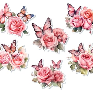 Adesivos de vinil à prova d'água buquês de flores rosa rosa com borboletas conjunto de 6