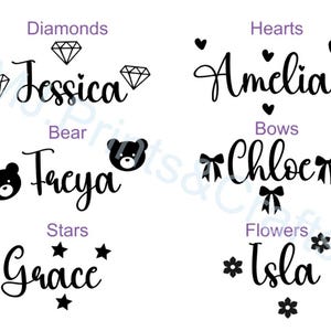 May include: Six different designs for personalised name labels with various themes. The designs include diamonds, hearts, a bear, bows, stars, and flowers. Each design includes a name, such as Jessica, Amelia, Facya, Chloe, Grace, and Isla.