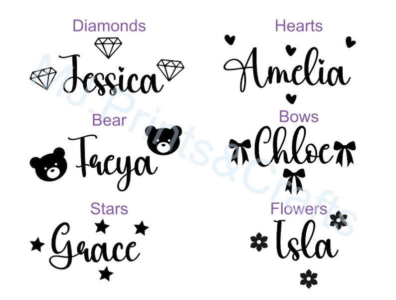 May include: Six different designs for personalised name labels with various themes. The designs include diamonds, hearts, a bear, bows, stars, and flowers. Each design includes a name, such as Jessica, Amelia, Facya, Chloe, Grace, and Isla.