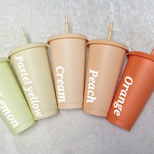 May include: Five reusable tumblers with lids and straws. The tumblers are in various pastel colours, including lemon, pastel yellow, cream, peach, and orange. Each tumbler has a different colour and a white label with the colour name written on it.