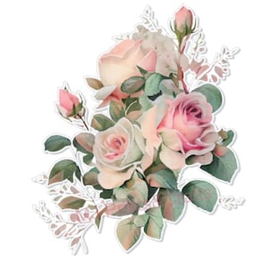Può includere: Un adesivo floreale raffigurante un gruppo di rose color rosa tenue e crema in varie fasi di fioritura, accompagnate da foglie verdi e rametti delicati. Il design presenta un bordo bianco, creando un aspetto fustellato su sfondo bianco.