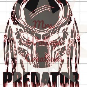 May include: Black and white silhouette of a Predator alien head with the word "PREDATOR" in black text below. The image is on a white background with a red grid pattern.