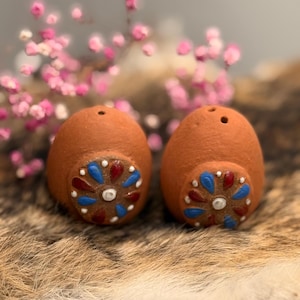 May include: Two terracotta-coloured salt and pepper shakers. Each shaker has a rounded shape with a small hole on top and a decorative floral design in red, blue, and white on the bottom. Pink flowers are in the background.