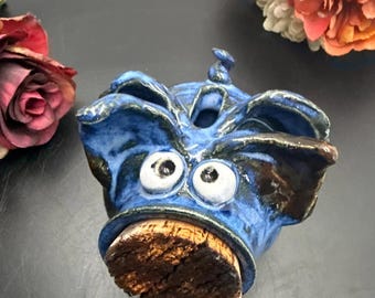 When Pigs Fly Piggy Bank - Handmade Stoneware Flying Pig Bank with Cork Snout, 5 Inch - Blue