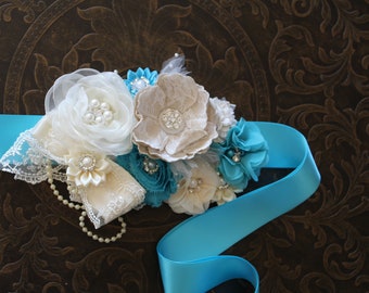 Teal Ivory Flower Girl Sash, Bridal Sash Belt, Maternity  display picture 3