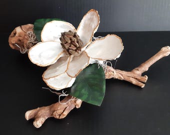 Tidewater Treasure: Oyster Shell Magnolia Sculpture on wooden base.