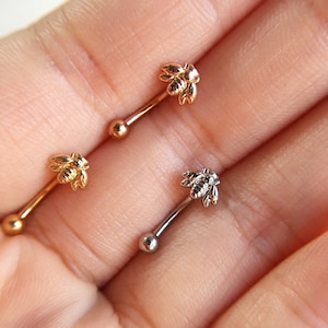 16g  Lovely Bee eyebrow,Eyebrow ring,rook barbell, rook earrings, vertical labret,lip ringCurved Barbell Jewelry - cartilage earring