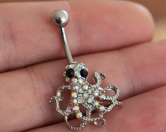 rini_mc2 1 Pc Clear CZ Paved Octopus Navel Belly Button Ring rini_mc2 1 Pc Clear CZ Paved Octopus Navel Belly Button Ring