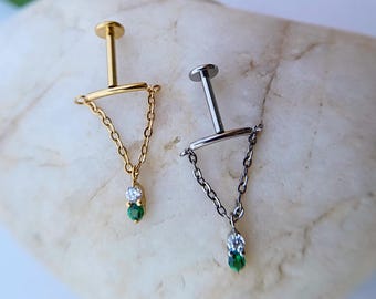 Pendiente de labret de titanio con cadena colgante en forma de flor y circonitas cúbicas, pendiente para cartílago (16G/18G)