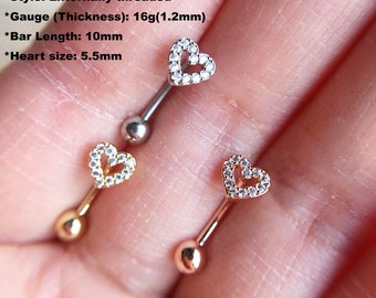 16g 10mm Heart zircon eyebrow,rook barbell, Eyebrow Curved Barbell Jewelry, gift for her