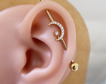 14G Titanium Moon Star industrial barbell, Body jewelry,ear piercing, gift for her