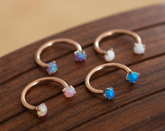Opal Daith Earring, Septum Ring, Tragus, Horseshoe Hoop, 8/10mm Hoop Jewelry, 16g Horseshoe Ring, Rose gold Horseshoe with opal stone,