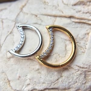 16g Moon Gem Paved Hinged Clicker, Daith Rook, Cartilage Tragus Ear Ring, Half Moon Hinged Hoop Daith Piercing with CZ Gems,
