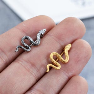 Könnte beinhalten: Zwei schlangenförmige Ohrringe. Einer ist silberfarben, der andere goldfarben. Die Ohrringe sind mit Schuppen detailliert und haben einen Stecker zum Durchstechen. Die Ohrringe werden in einer Hand gehalten.