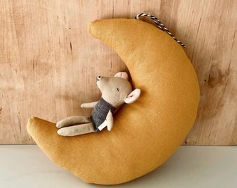 Mouse on the Moon - linen plush decor for neutral nursery