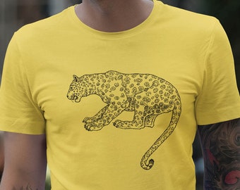May include: A yellow t-shirt with a black and white illustration of a leopard on the front.