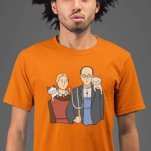 Moon Mouse Apparel American Gothic with Cats Unisex Adult Printed Cotton Crew T Shirt