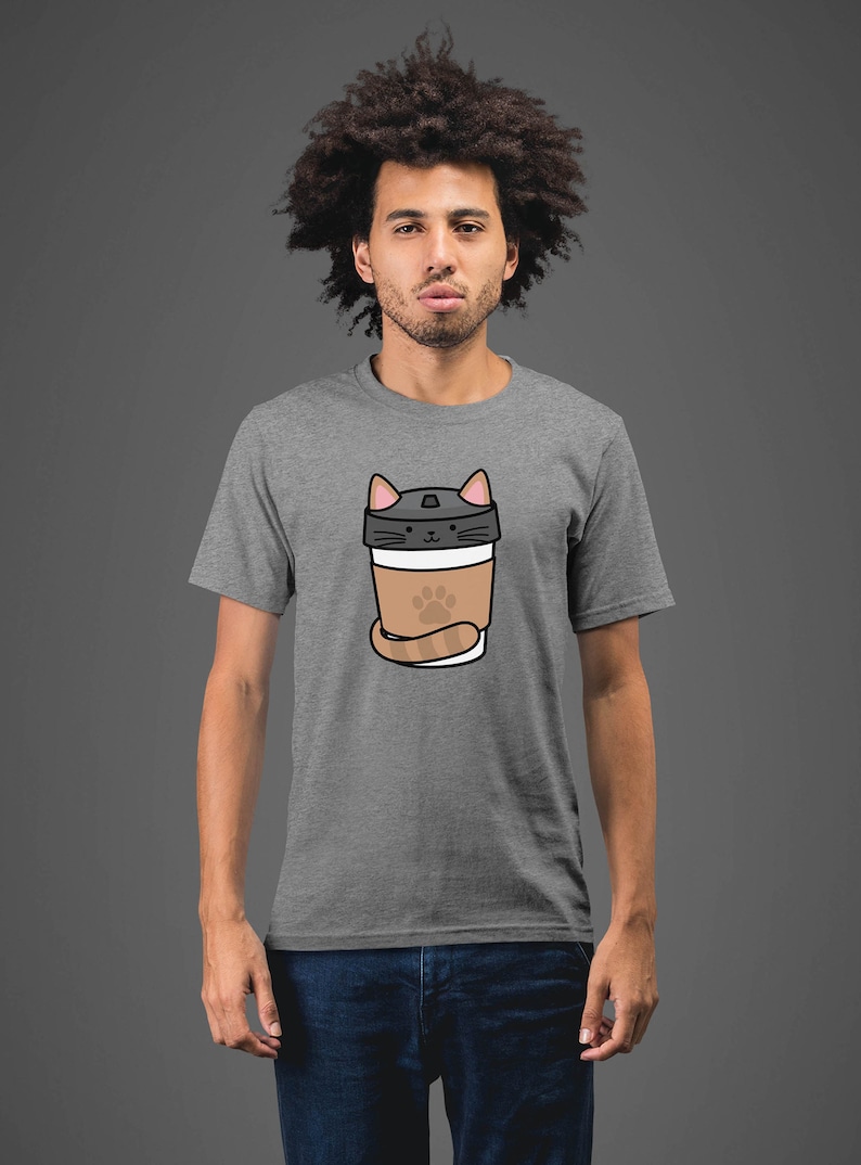 Moon Mouse Apparel Coffee Caf\u00e9 Cat Unisex Adult Printed Cotton Crew T Shirt