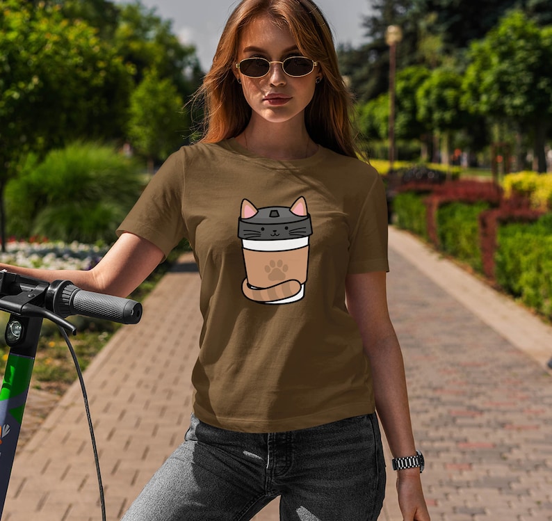 Moon Mouse Apparel Coffee Caf\u00e9 Cat Unisex Adult Printed Cotton Crew T Shirt