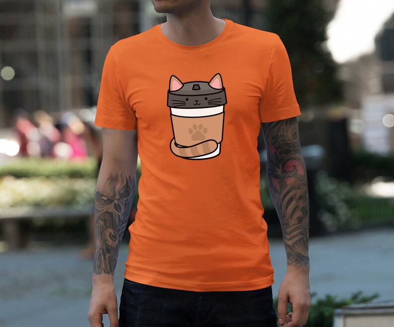 Moon Mouse Apparel Coffee Caf\u00e9 Cat Unisex Adult Printed Cotton Crew T Shirt