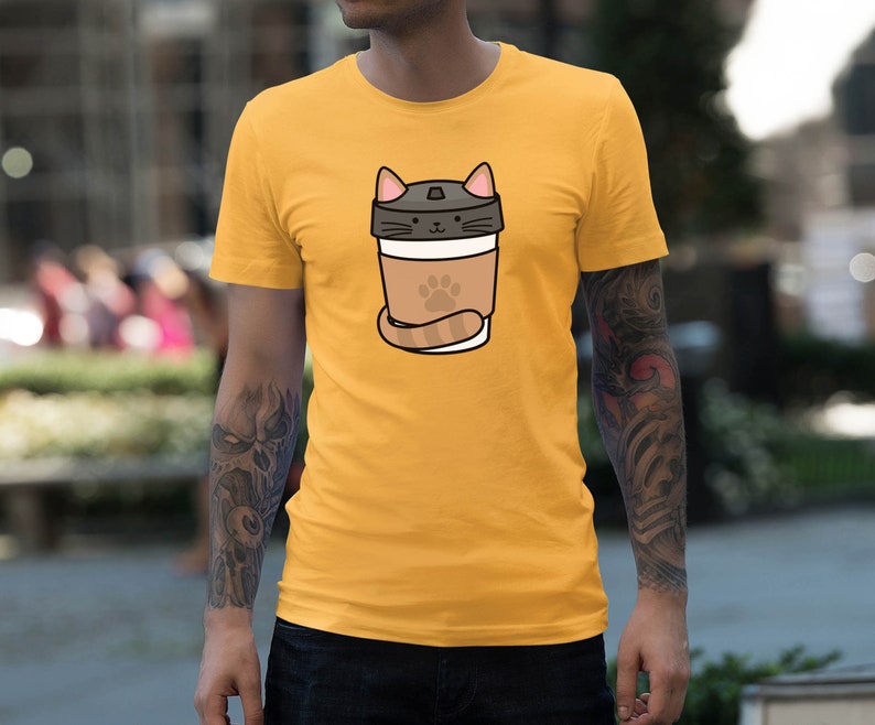 Moon Mouse Apparel Coffee Caf\u00e9 Cat Unisex Adult Printed Cotton Crew T Shirt
