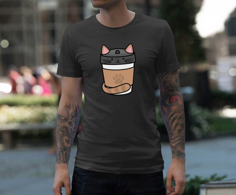 Moon Mouse Apparel Coffee Caf\u00e9 Cat Unisex Adult Printed Cotton Crew T Shirt
