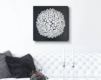 Abstract Floral Clay Sculpture: Black and White Contemporary Wall Art.