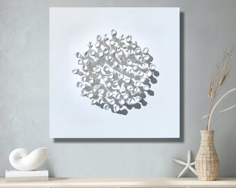 White coral wall sculpture on a 20" square canvas, abstract wall sculpture, contemporary art, white art.