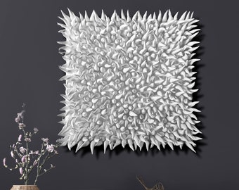 White spikes clay wall sculpture on a 20" square canvas, abstract wall sculpture, contemporary art, white art.