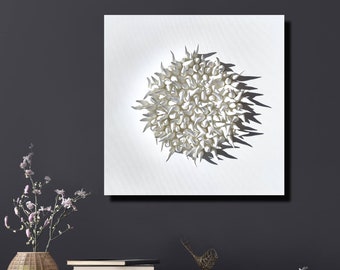 White spikes wall sculpture on a 20" square canvas, abstract wall sculpture, contemporary art, white art.