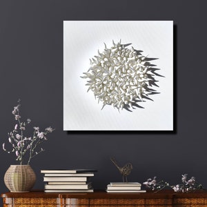 White spikes wall sculpture on a 20" square canvas, abstract wall sculpture, contemporary art, white art.