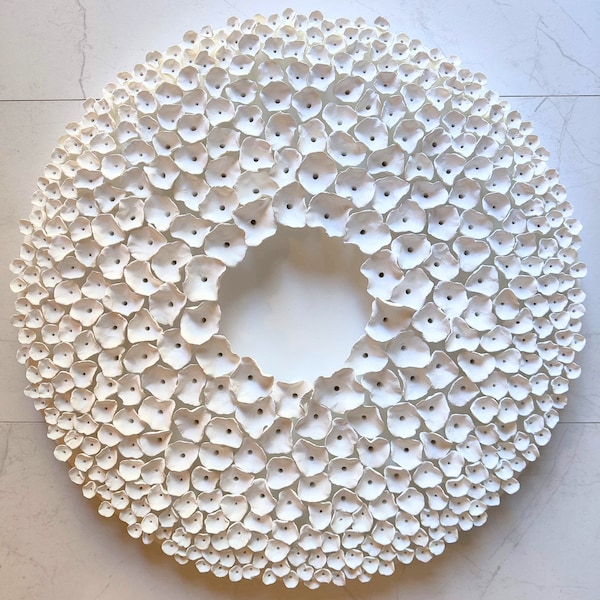 Award-winning art, Wabi Saby style wall sculpture on a 20" round canvas, wreath art, white clay wall art, relaxing wall art, above bed decor