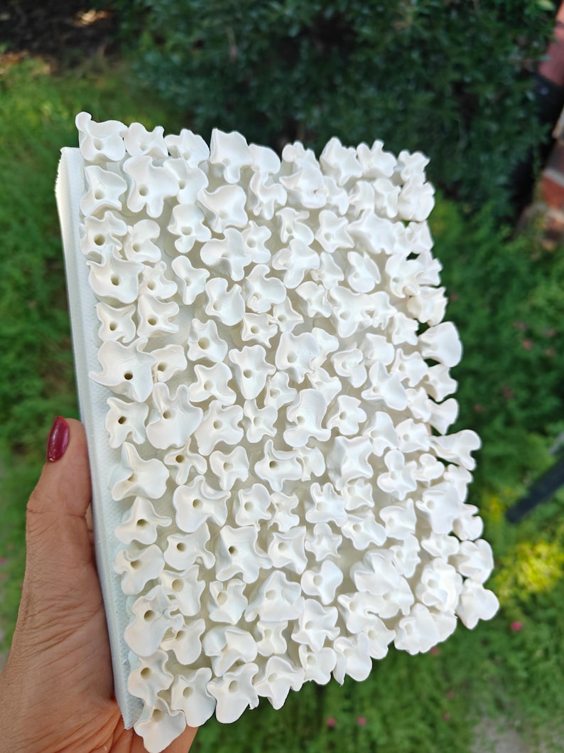 May include: A white, textured art piece featuring a repeating pattern of abstract, flower-like shapes. The artwork is held in a hand, showcasing the three-dimensional relief of the design. The background is blurred, with green foliage.