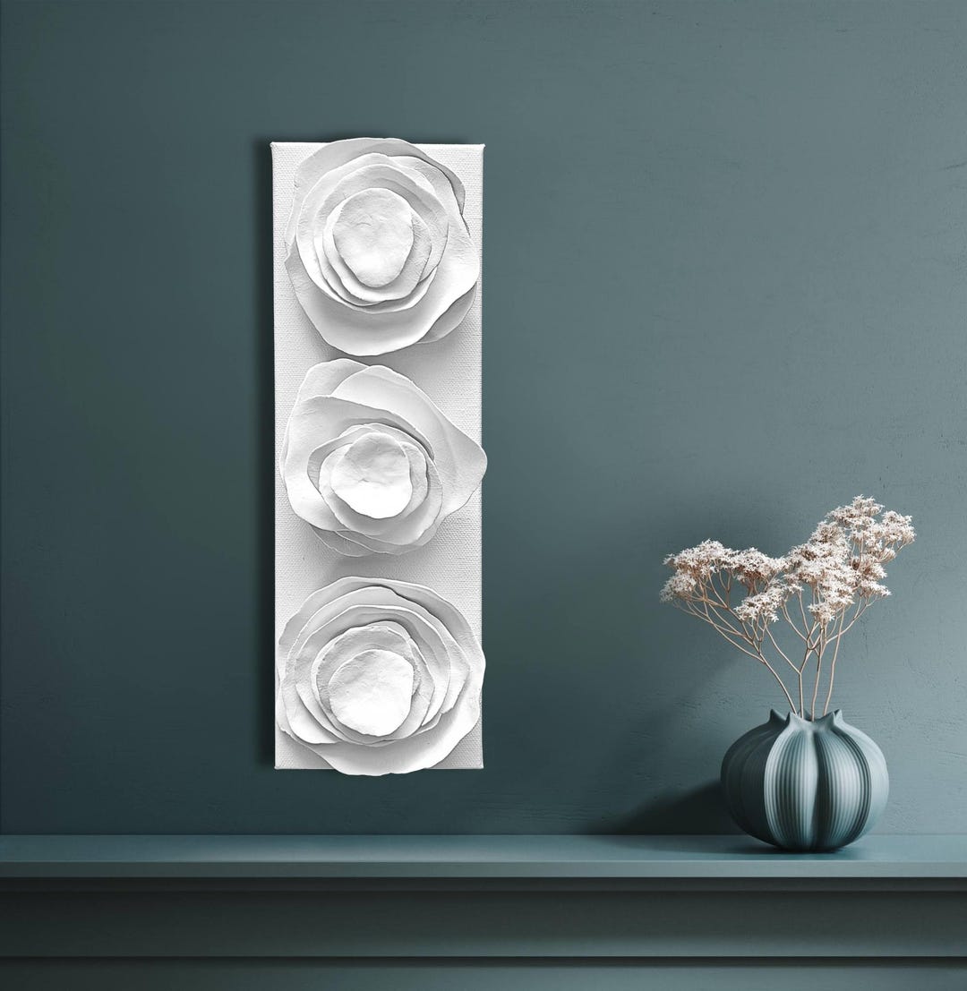 4x12 Inch White Clay Wall Sculpture - 3D Floral Minimalist Art - Etsy