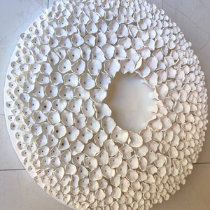 Award-winning art, Wabi Saby style wall sculpture on a 20 round canvas, wreath art, white clay wall art, relaxing wall art, above bed decor image 2