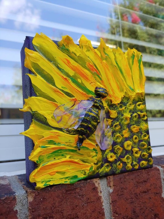 Honey Bee Decor, 6-inch Bee on Sunflower Canvas, Bee Wall