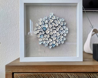 Ivory and blue flowers wall sculpture, framed square canvas art, ivory wall art, clay wall sculpture, canvas wall art, abstract floral