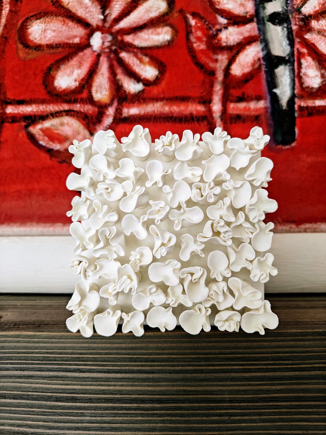 White Floral Clay Wall Sculpture | 3D Abstract Square Wall Art | Tiny ...