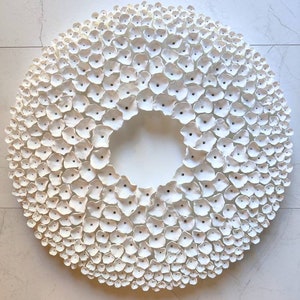 Award-winning art, Wabi Saby style wall sculpture on a 20 round canvas, wreath art, white clay wall art, relaxing wall art, above bed decor image 10