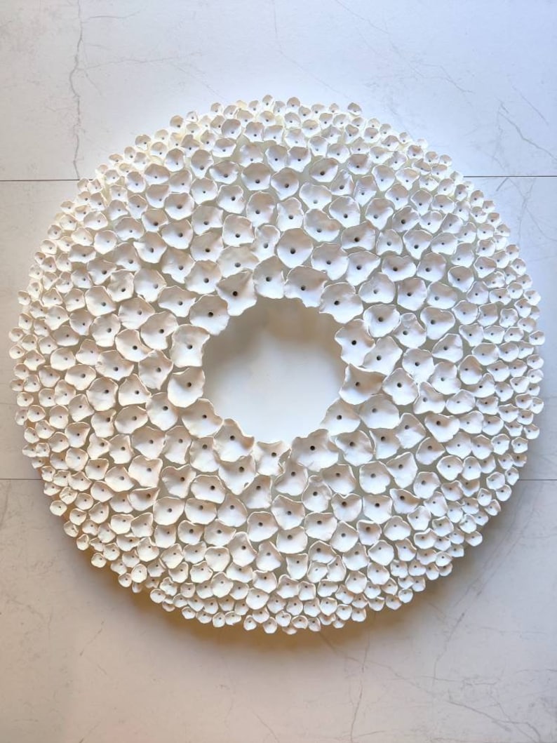 Award-winning art, Wabi Saby style wall sculpture on a 20 round canvas, wreath art, white clay wall art, relaxing wall art, above bed decor image 10