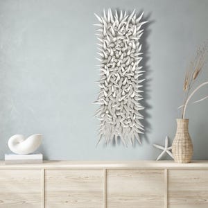 Spiky 3D Canvas Art, white clay wall sculpture, abstract in white, small wall sculpture, vertical art
