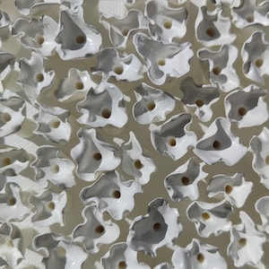 May include: An overhead shot of numerous white, petal-shaped objects with a central hole. The objects have a glossy finish with gray shading, creating a textured appearance. The background is a light, neutral color.