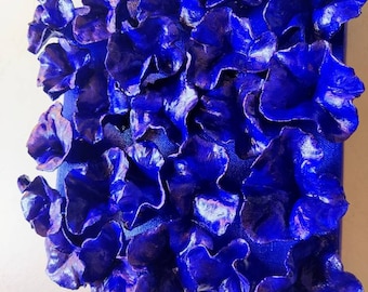 Ultramarine blue flowers wall sculpture, square canvas art, abstract art, clay wall sculpture, floral art, abstract floral sculpture